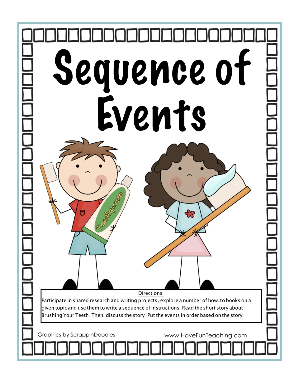 Sequence of Events cover: two children hold a toothbrush and toothpaste above directions to put story events in order
