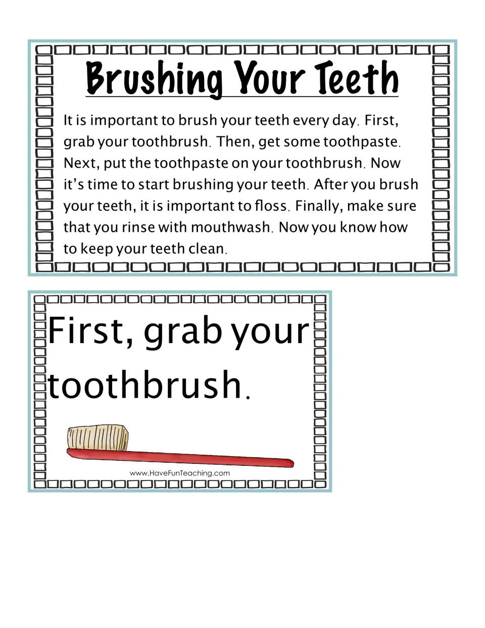 Brushing Your Teeth short story using First, Then, Next and Finally, plus the first event card: grab your toothbrush