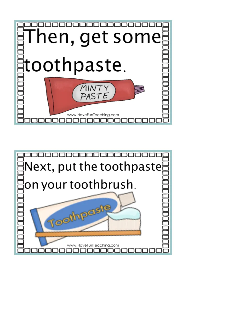 Sequencing cards for toothbrushing steps: 'Then, get some toothpaste' and 'Next, put the toothpaste on your toothbrush'