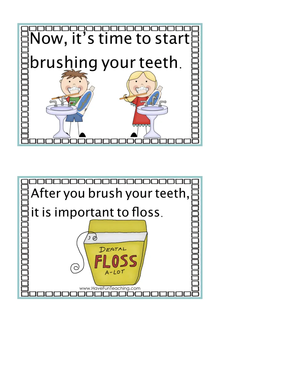 Event cards to sequence: children brushing at sinks for the start-brushing step and dental floss for the flossing step