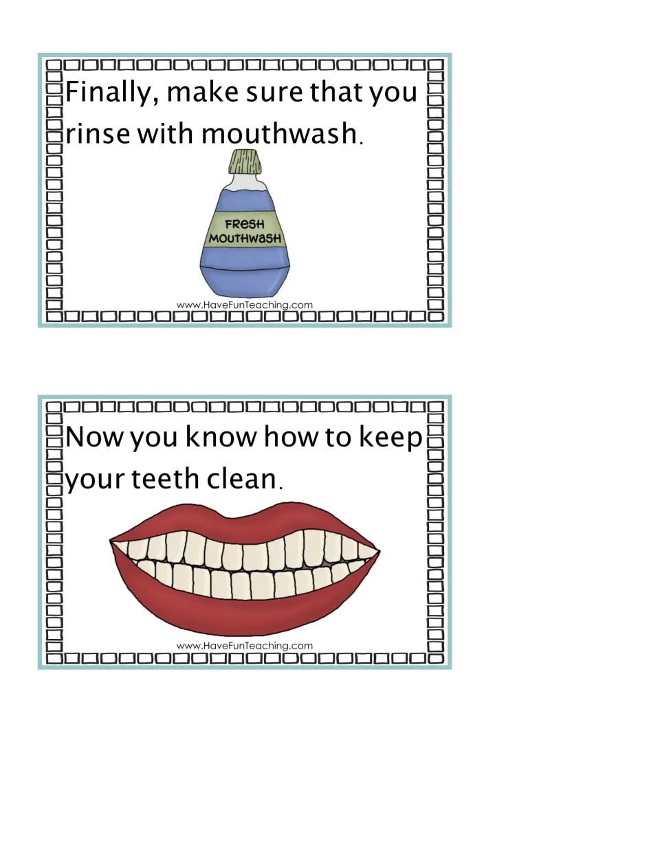 Final story event cards: rinse with mouthwash, shown with a bottle, and 'Now you know how to keep your teeth clean'