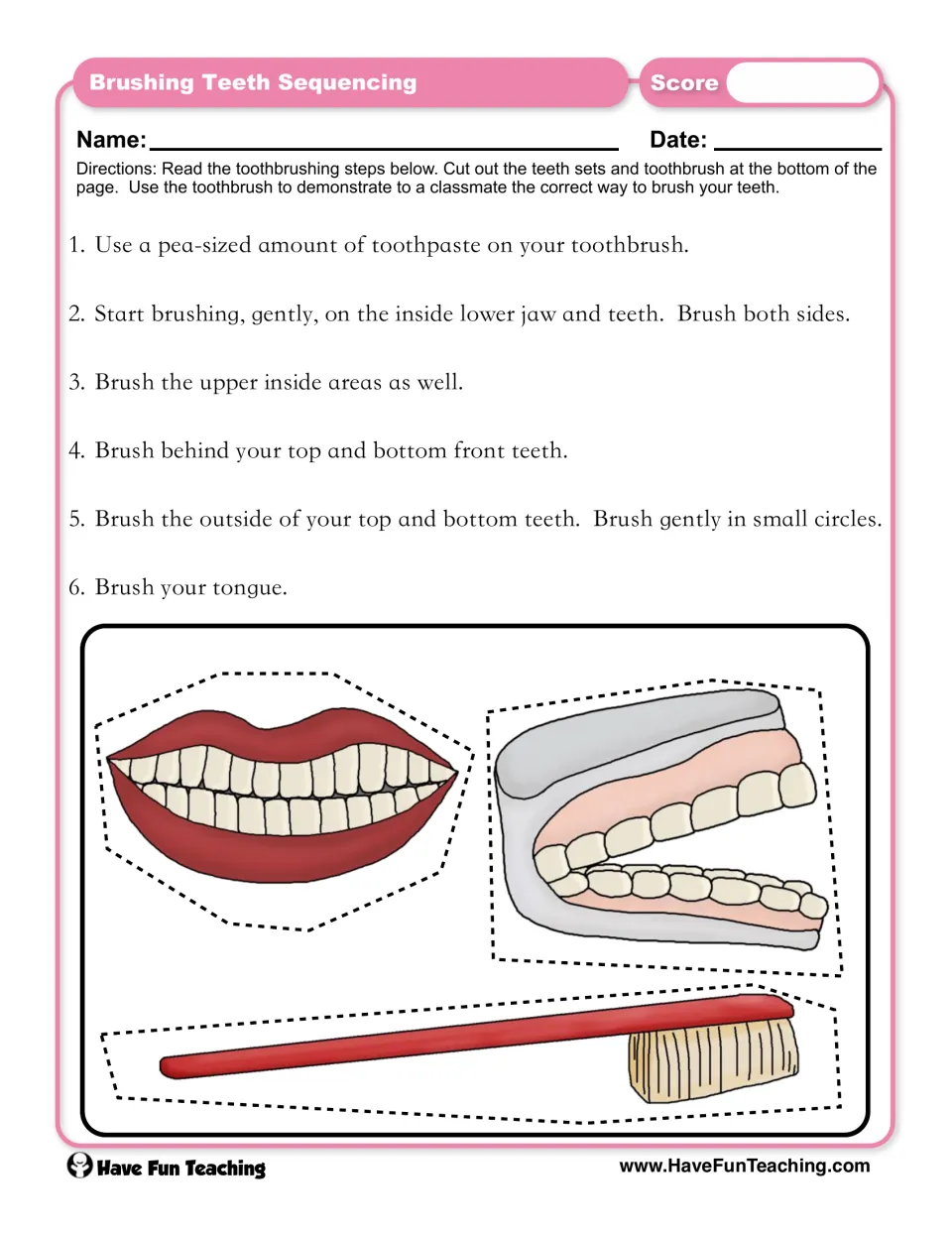 Brushing teeth sequencing: students read 6 numbered steps, then cut out teeth and a toothbrush to act out each step