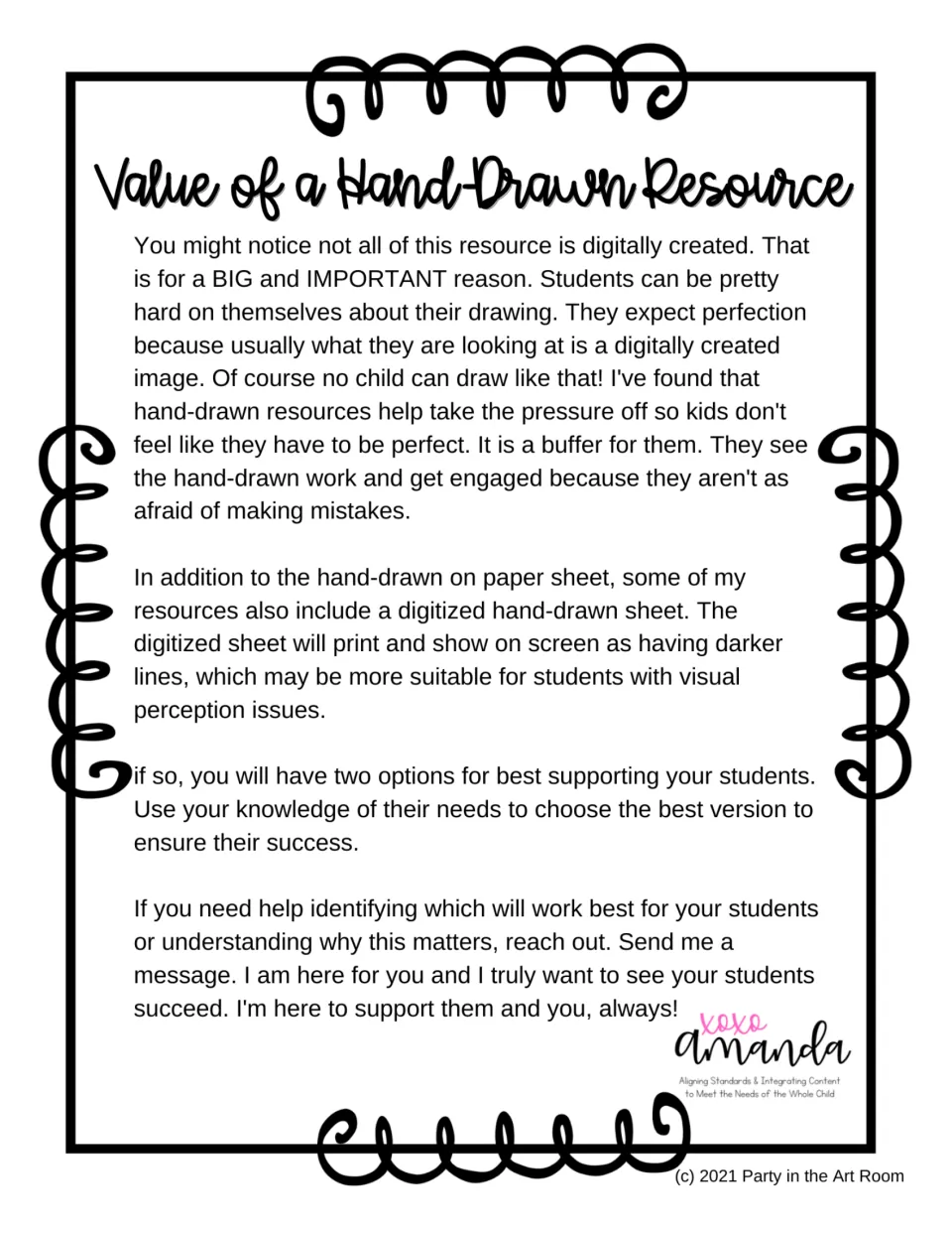 Teacher note explains how hand-drawn resources reduce pressure for perfection and discusses darker-line versions