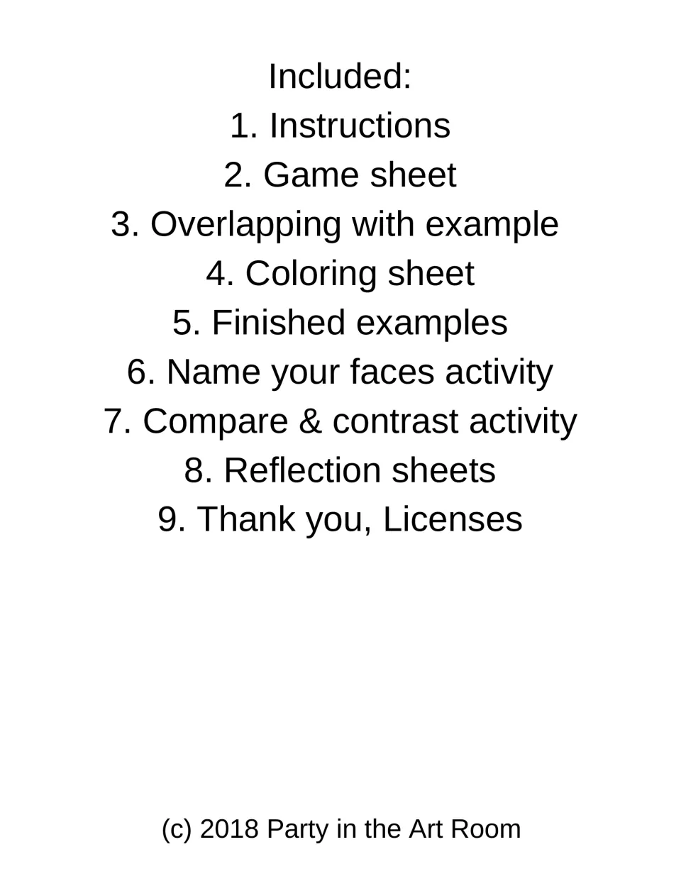 Contents list names instructions, a game sheet, overlapping guidance, coloring, examples, and writing activities