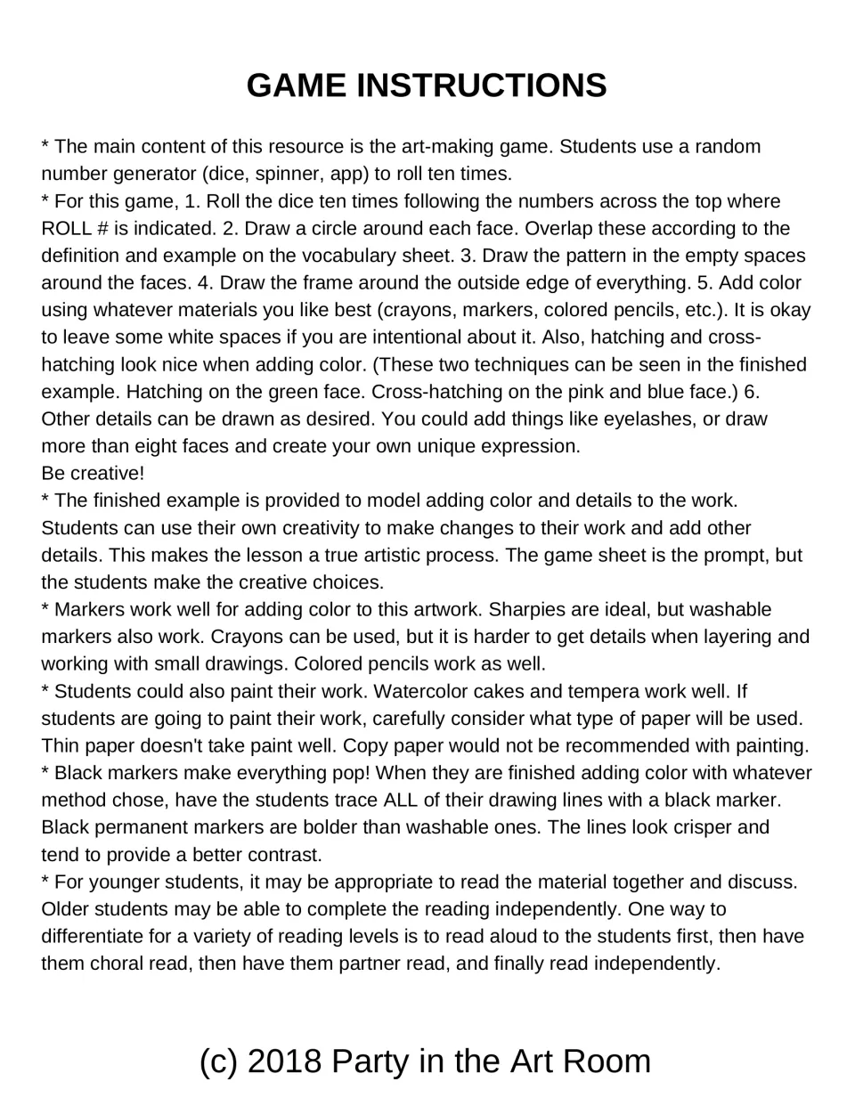 Art game instructions explain ten rolls, overlapping faces, background patterns, framing, and coloring choices