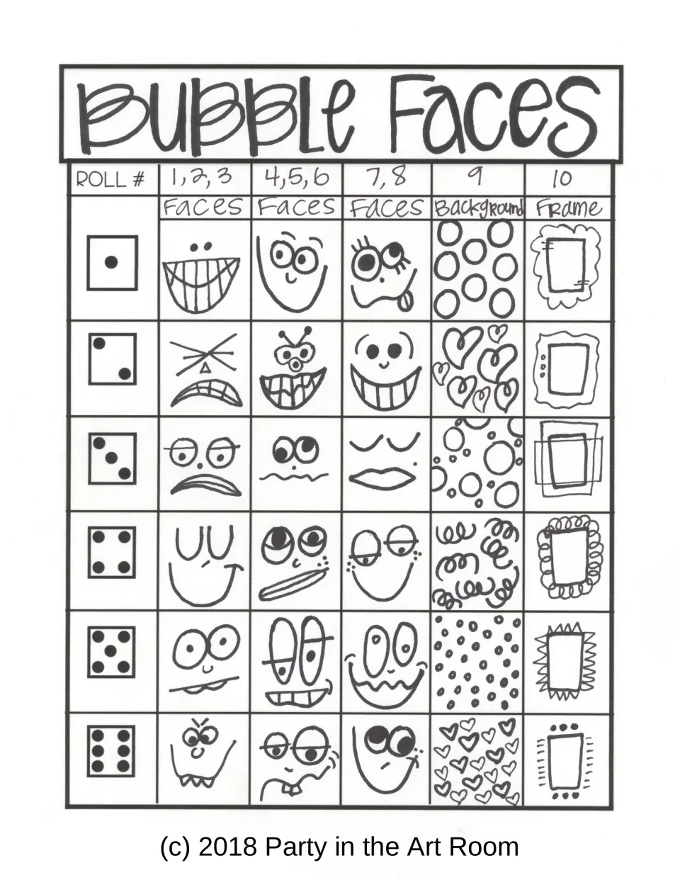 Dice game sheet offers face choices for rolls 1–8, background patterns for roll 9, and frames for roll 10