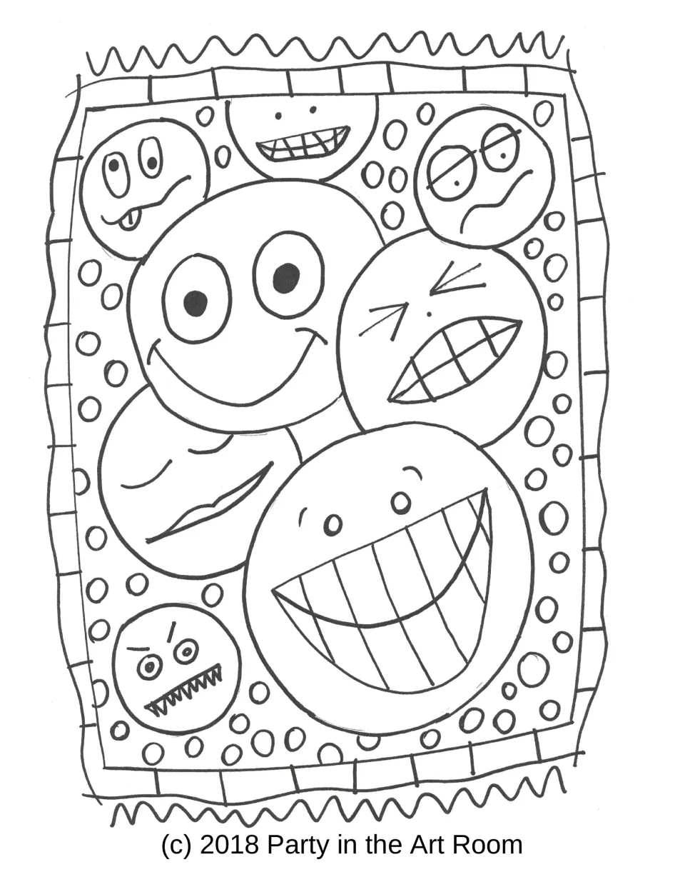 Art lesson coloring sheet shows eight overlapping expressive faces with a circle pattern and decorative frame