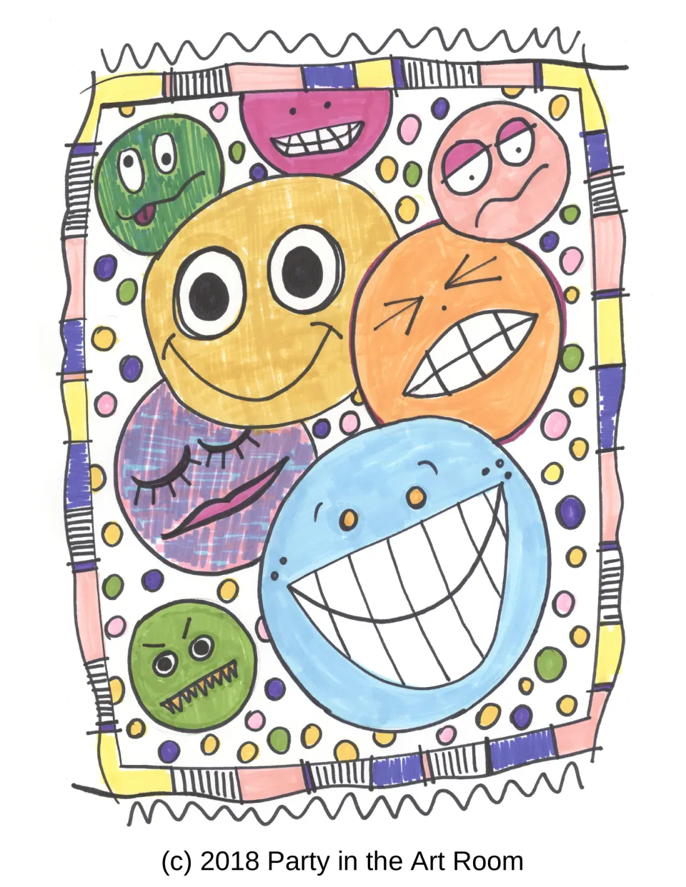 Finished art example shows eight colored overlapping faces, including hatching and cross-hatching techniques