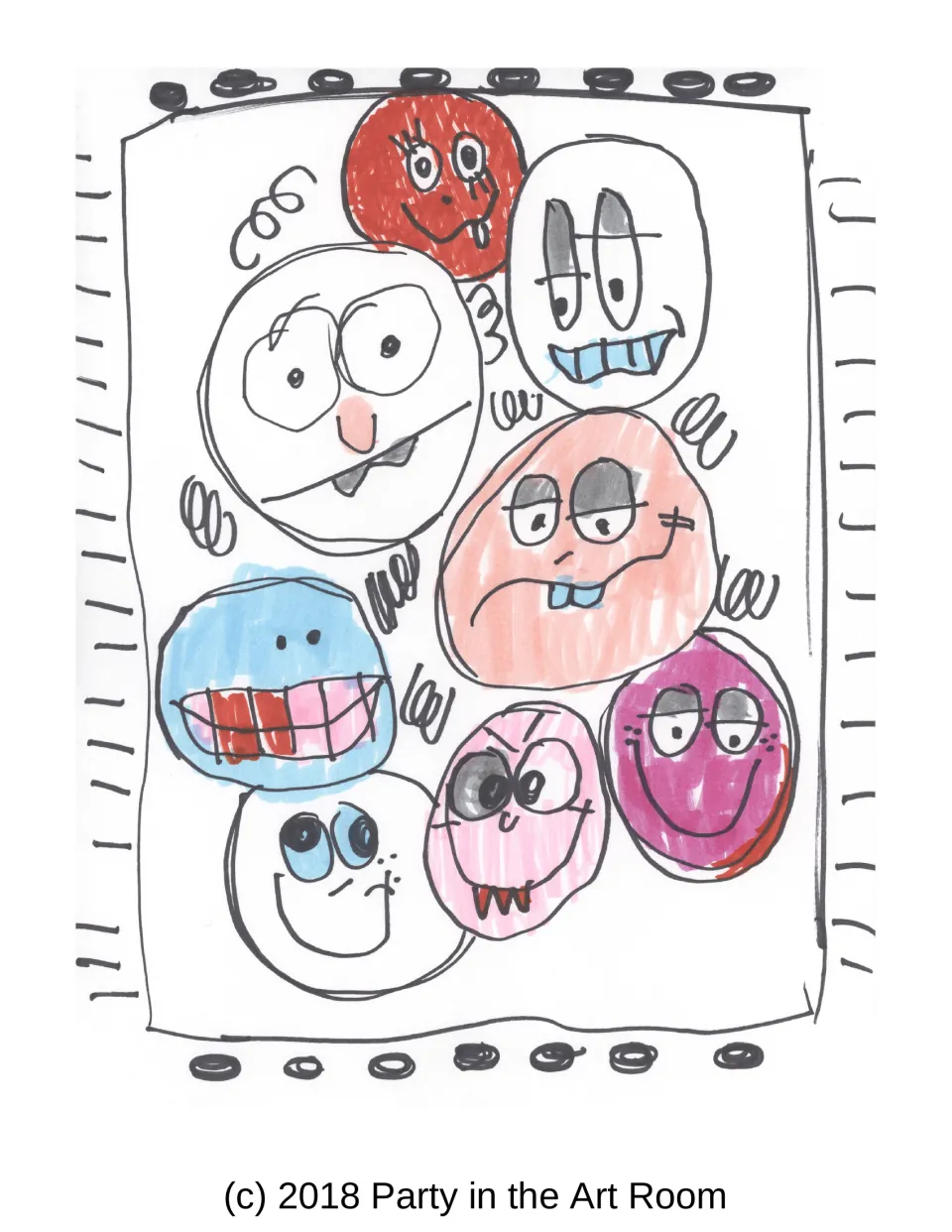 Second finished art example shows eight expressive faces with red, pink, and blue coloring and spiral patterns