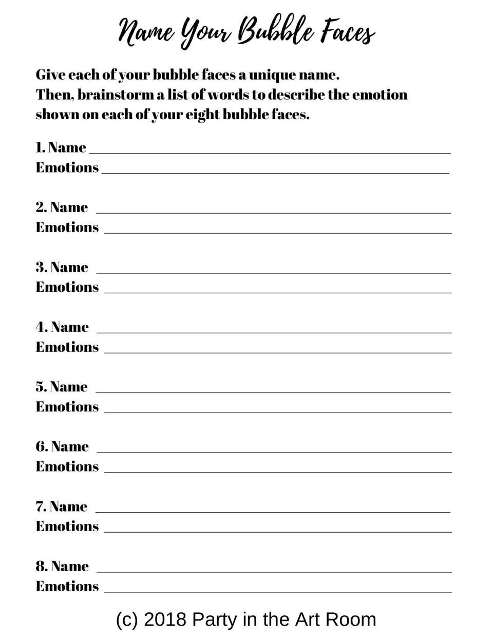 Naming activity asks students to give eight bubble faces unique names and list words describing their emotions