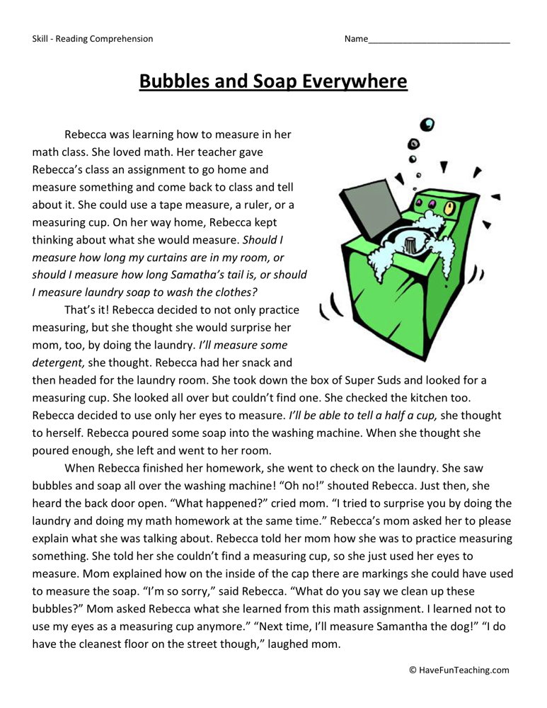 Bubbles and Soap Everywhere Reading Comprehension Worksheet by Teach Simple