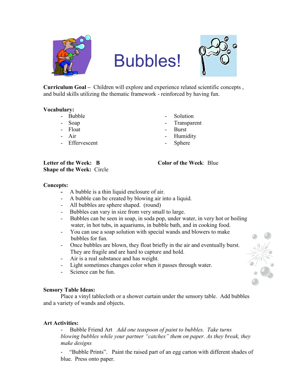 Curriculum overview introduces bubble vocabulary, letter B, circle shape, blue color, and art activities
