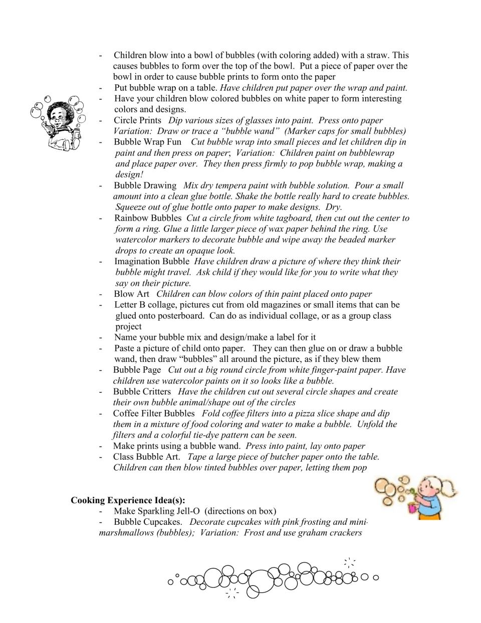 Art activity ideas continue with bubble prints, rainbow bubbles, and bubble critters, followed by cooking