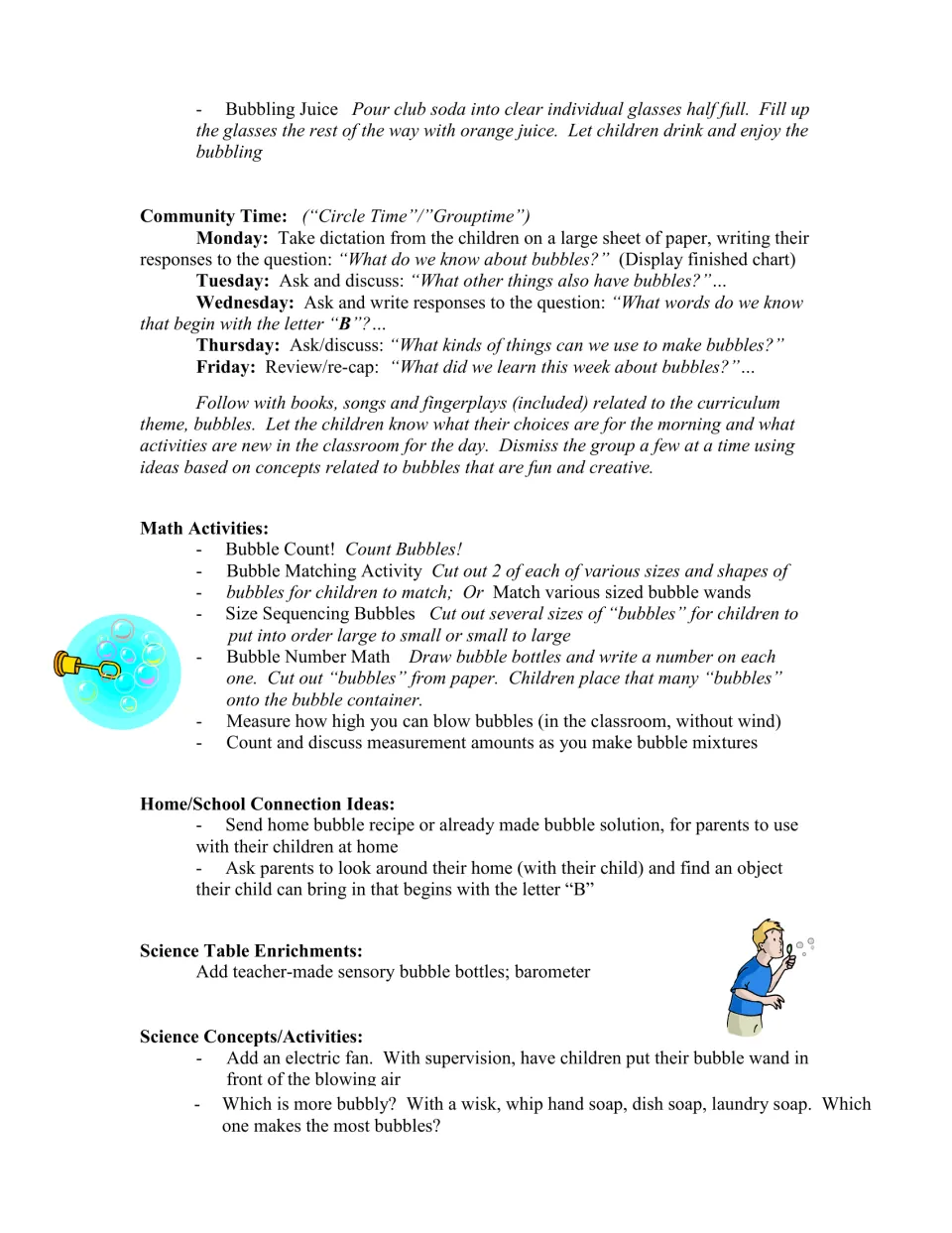 Bubble curriculum activities include weekday circle time prompts, counting, size sequencing, and science
