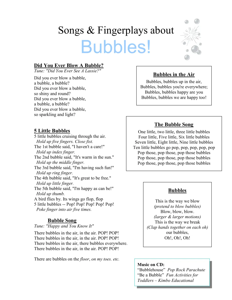 Songs and fingerplays include '5 Little Bubbles,' 'Bubbles in the Air,' and counting and movement lyrics