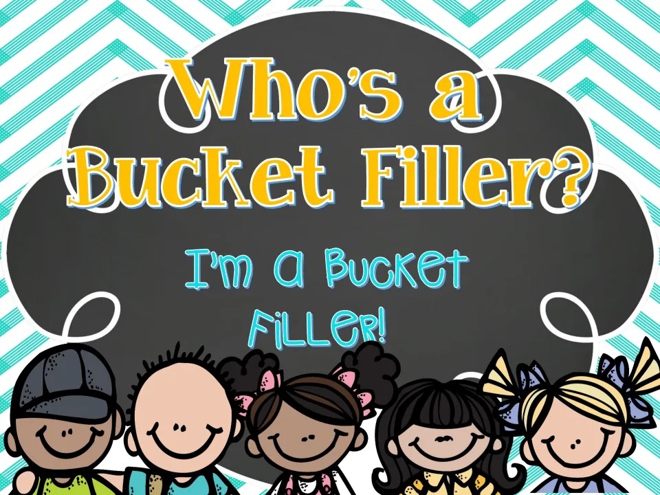 Who's a Bucket Filler? cover with the phrase I'm a Bucket Filler! above five smiling cartoon children in a row