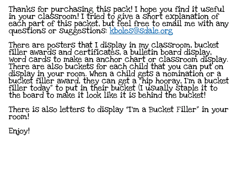 Teacher note listing the set's posters, awards, bulletin board display, word cards, student buckets and display letters