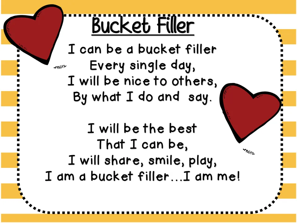 Bucket Filler poem: I can be a bucket filler every single day, being nice to others and choosing to share, smile and play