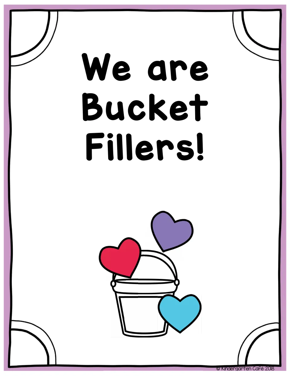 Alternate class book cover titled We are Bucket Fillers! with a heart-filled bucket and no room line