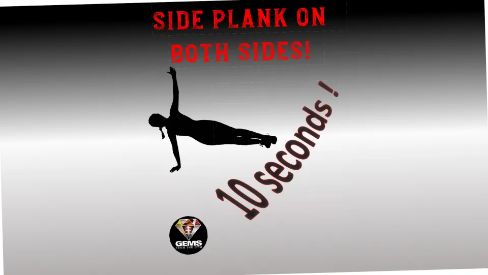 Exercise station poster directs students to do a side plank on both sides for 10 seconds, with a demonstration