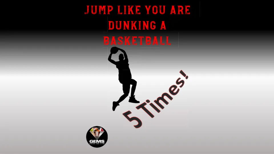 Exercise station poster directs students to jump like they are dunking a basketball five times, with an example