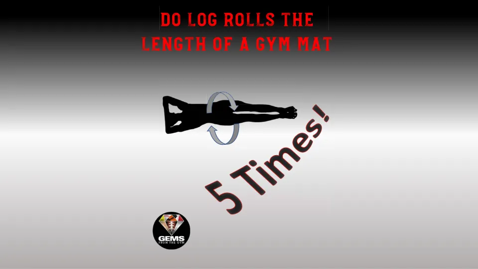 Exercise station poster directs students to do log rolls the length of a gym mat five times, with rolling arrows
