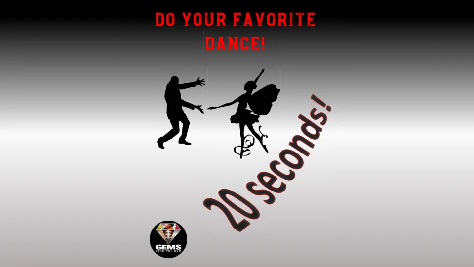 Exercise station poster says 'Do your favorite dance!' for 20 seconds and shows two figures in dance poses