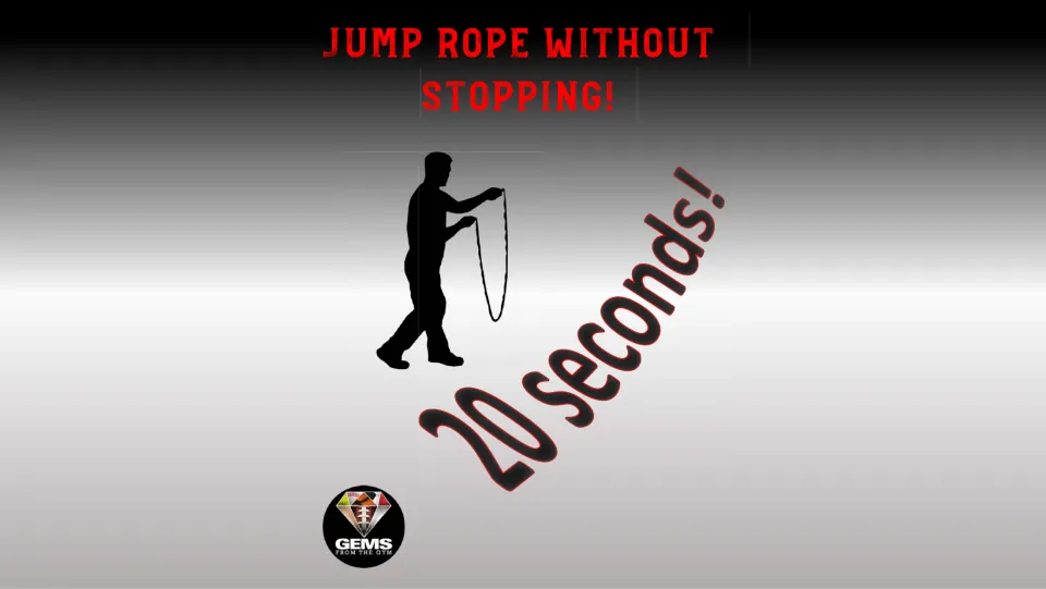 Exercise station poster says 'Jump rope without stopping!' for 20 seconds and shows a figure holding a rope