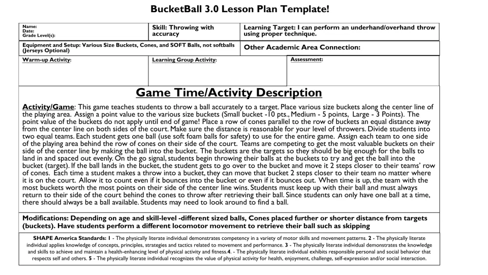 PE game lesson plan for underhand and overhand throwing, with bucket point values, rules, and modifications.