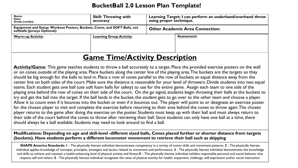 BucketBall 2.0 lesson plan: throw into buckets and send chosen opposing players to exercise stations.