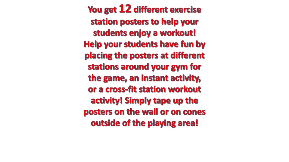 Instructions for 12 exercise station posters explain placing them on walls or cones outside the playing area.