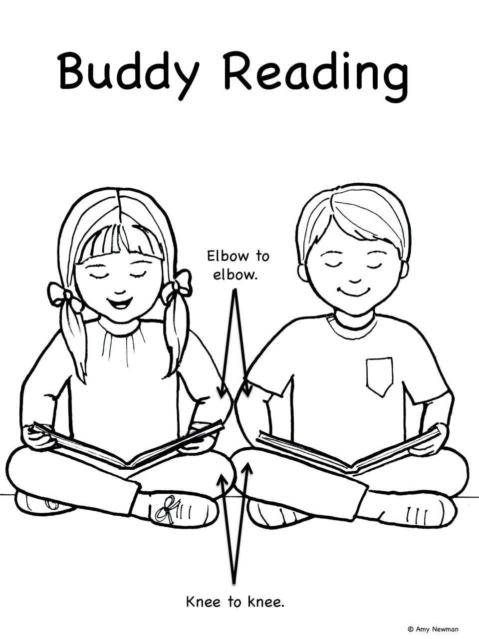 Partner reading posture poster: two cross-legged children read side by side, arrows labeled Elbow to elbow, Knee to knee