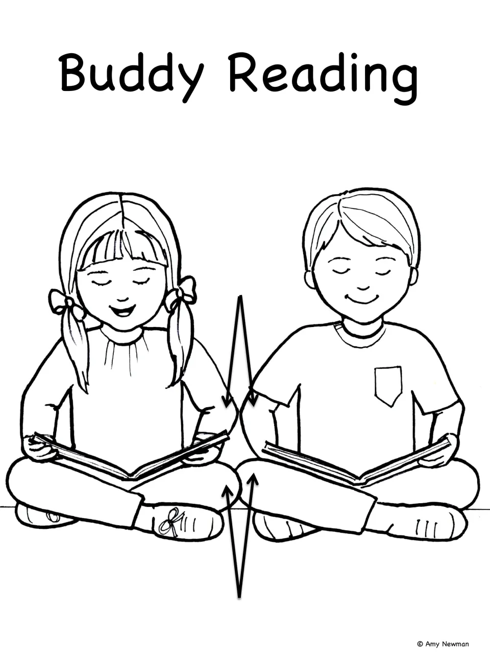 Blank-label version of the partner reading scene: arrows point to the children's touching elbows and knees, no words