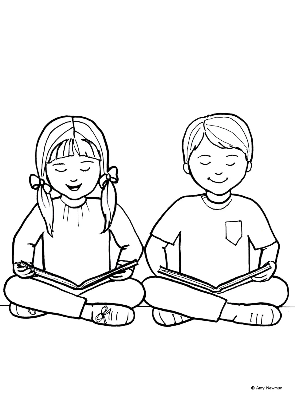 Plain illustration of a girl and boy sitting cross-legged, each reading an open book side by side, with no title or arrows
