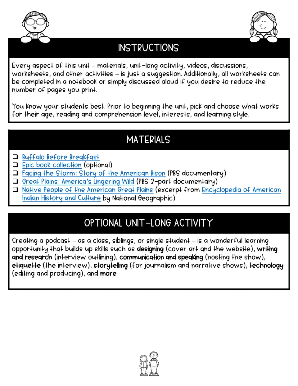 Novel study preparation guide lists materials, flexible worksheet options, and an optional podcast project