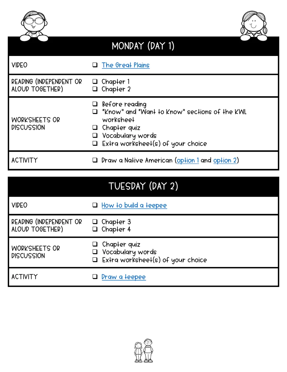 Days 1–2 lesson plans cover chapters 1–4, Great Plains and teepee videos, quizzes, vocabulary, and drawing