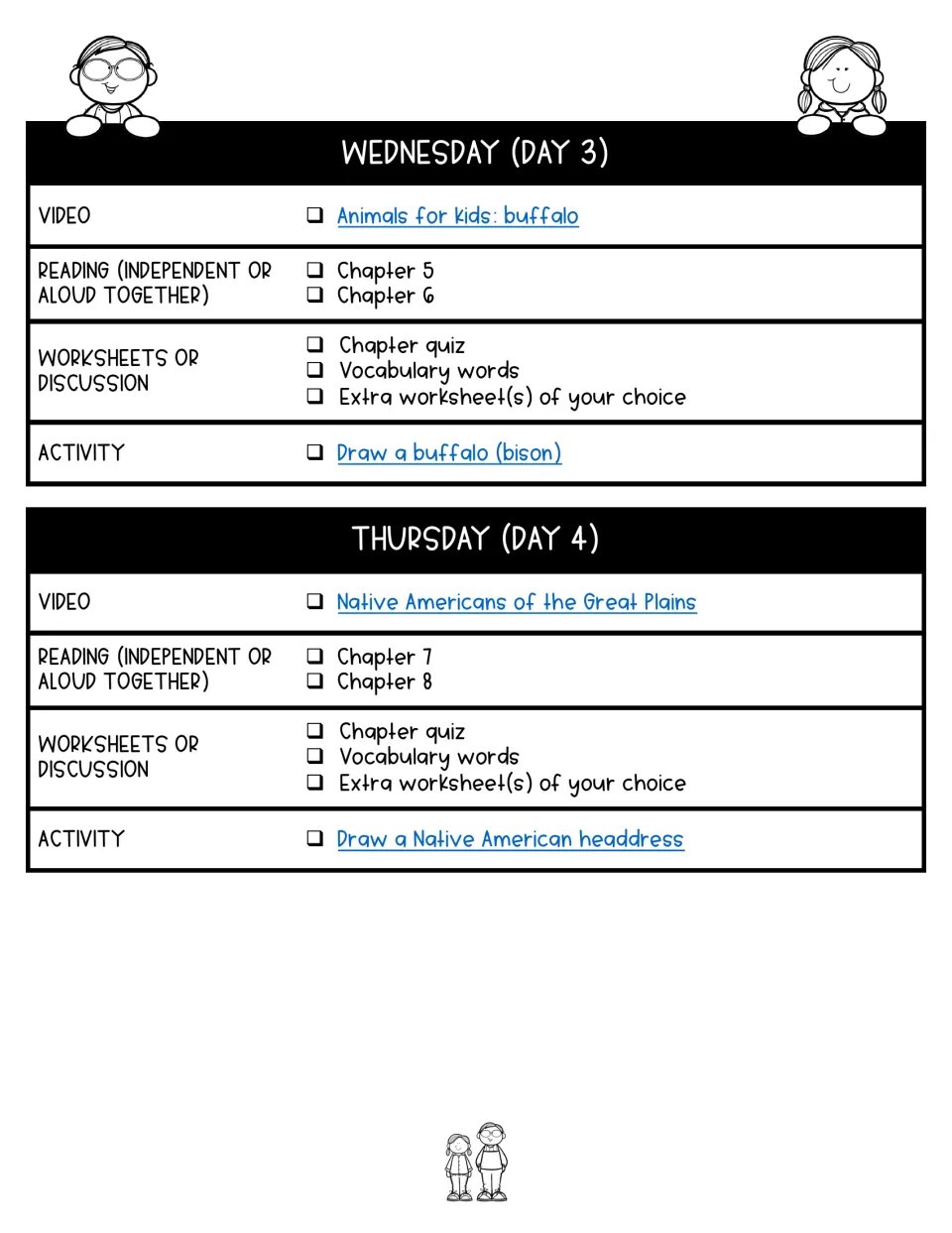 Days 3–4 lesson plans cover chapters 5–8, buffalo and Great Plains Native American videos, quizzes, and drawing