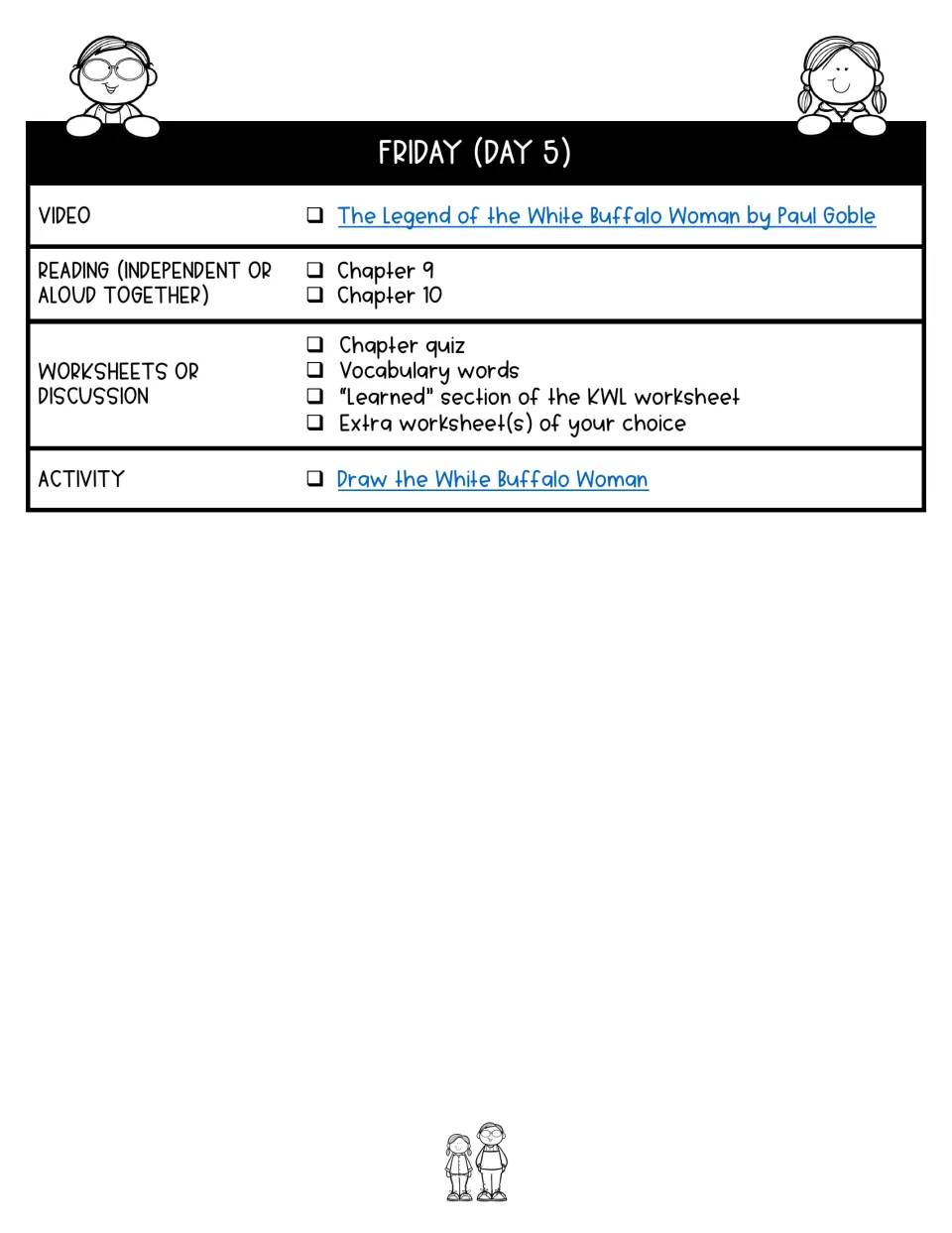 Day 5 lesson plan covers chapters 9–10, White Buffalo Woman video and drawing, quizzes, vocabulary, and KWL