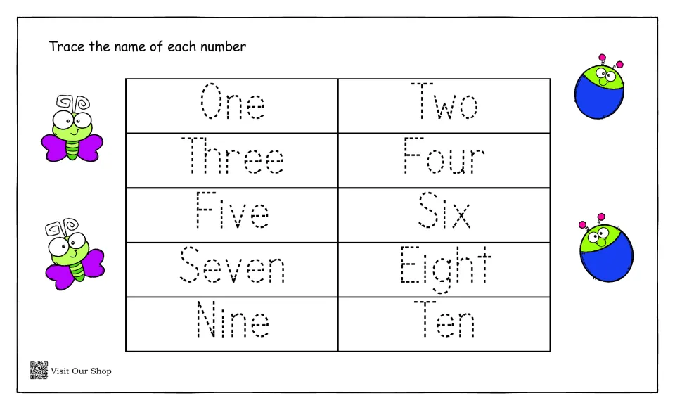 Number words: students trace the dotted words One through Ten to practise spelling number names