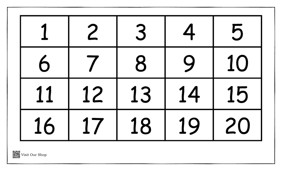 Number chart from 1 to 20 in four rows of five for counting, number recognition and finding numbers