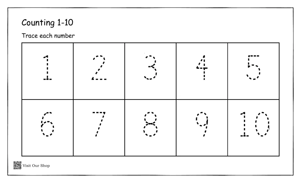 Counting 1-10 handwriting: students trace the dotted numbers 1 through 10 to practise forming each numeral