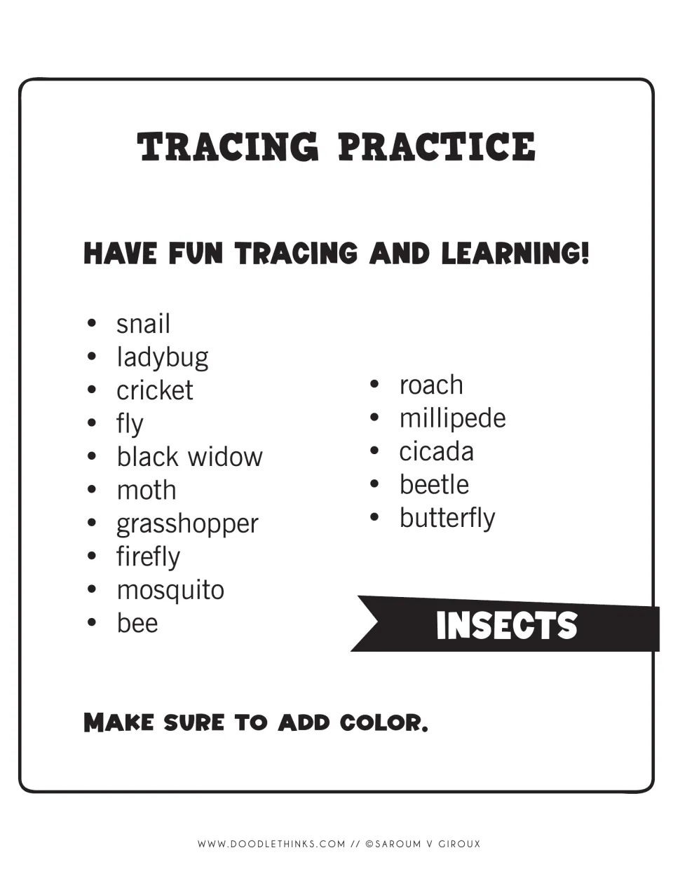 Insects tracing practice title page listing 15 bugs to trace, snail and ladybug through beetle and butterfly