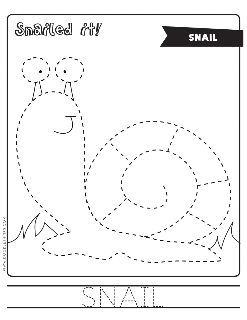 Snail tracing: students trace a dashed smiling snail and its spiral shell, then trace the word SNAIL and color the picture
