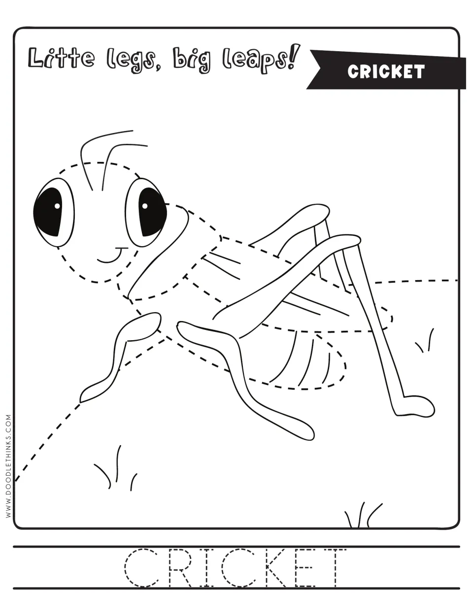 Cricket tracing: students follow the dashes to finish a big-eyed cricket in the grass, then trace the word CRICKET
