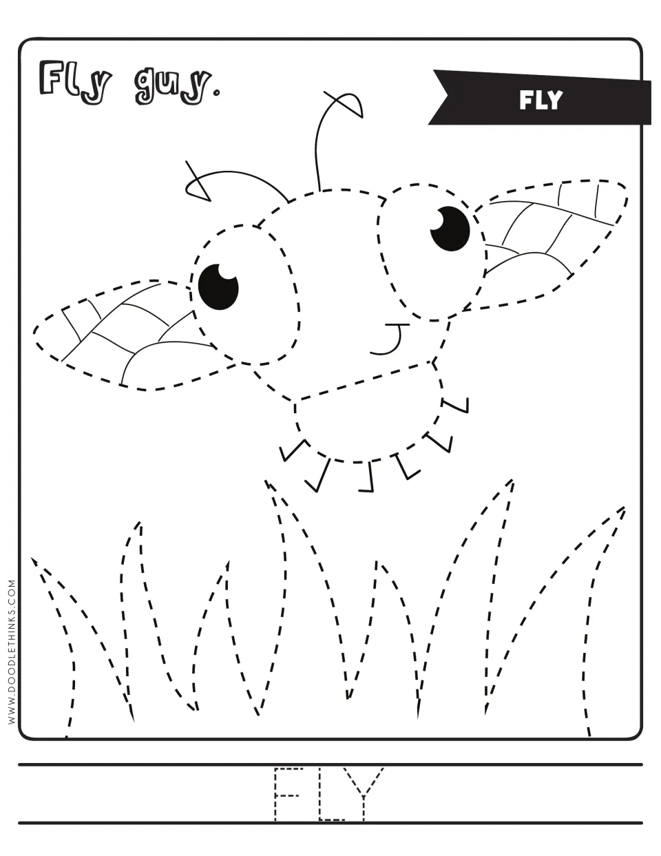 Fly tracing headed 'Fly guy.': students trace a dashed cartoon fly with veined wings over dashed grass and the word FLY