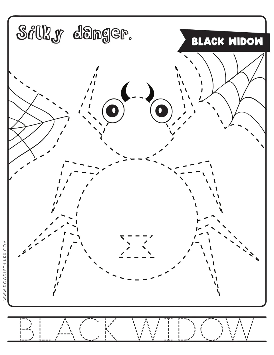 Black widow tracing: students trace a dashed spider with an hourglass mark and webs, then trace the words BLACK WIDOW