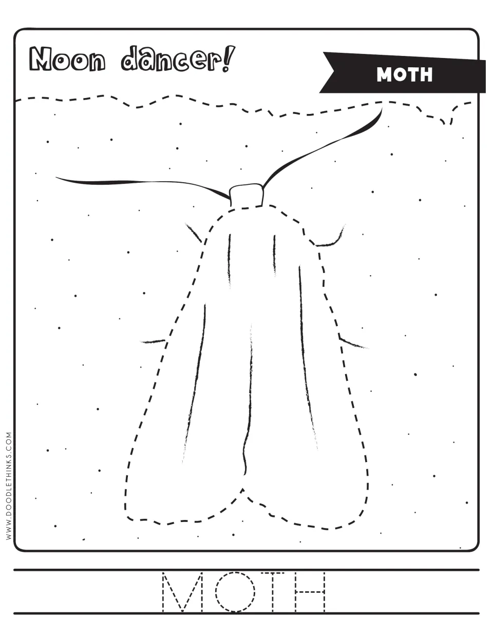 Moth tracing headed 'Moon dancer!': students trace a dashed moth outline on a speckled background and the word MOTH