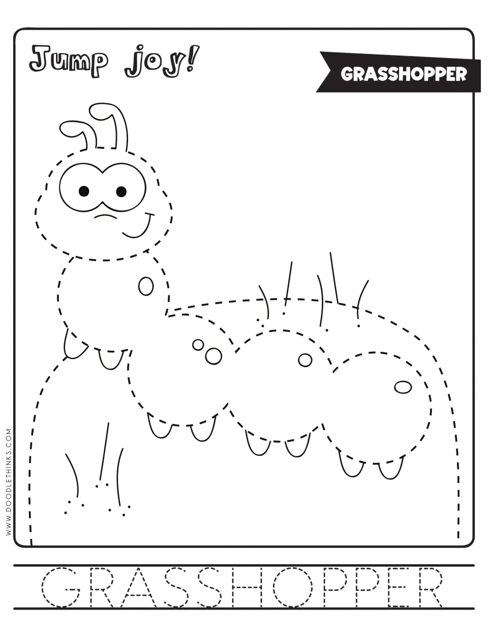 Grasshopper tracing under 'Jump joy!': students trace a dashed, smiling cartoon bug and then the long word GRASSHOPPER