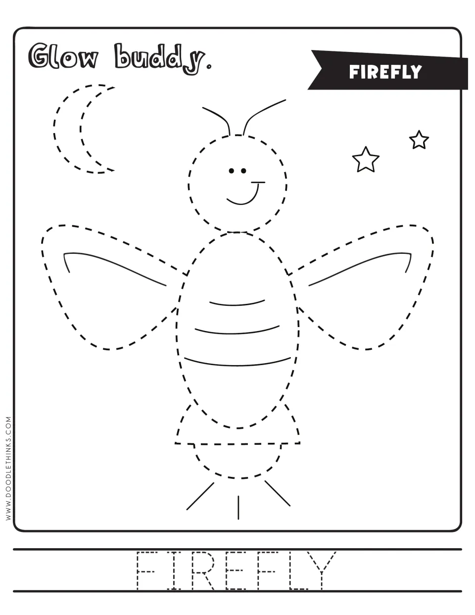 Firefly tracing headed 'Glow buddy.': students trace a dashed firefly, a crescent moon and the word FIREFLY, then color