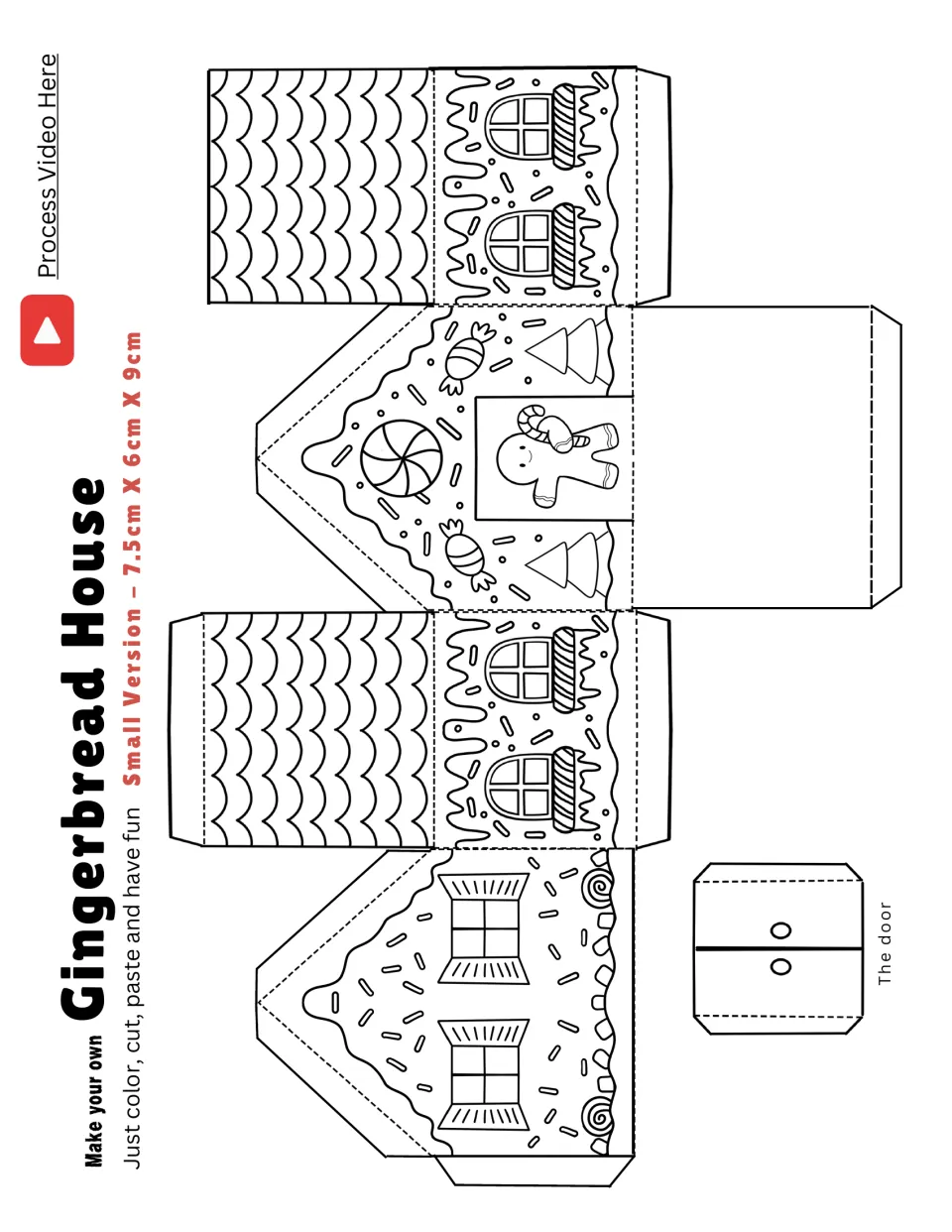 Gingerbread house template, small 7.5 x 6 x 9 cm: students color, cut and fold walls, roof, gingerbread man front and door